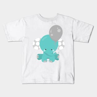 Elephant With Balloon, Blue Elephant, Cute Animal Kids T-Shirt